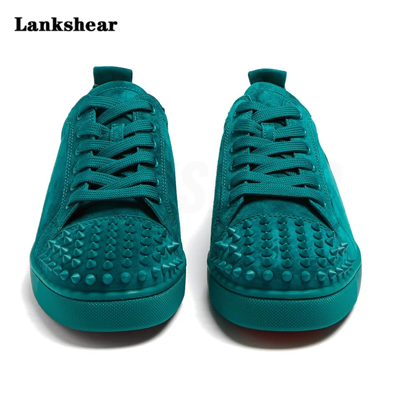 Homens Camurça Flat Cool Rebites Lace-Up Sneakers Mais Novo Toe Rodada Preto Vermelho Azul Verde Cinza Studs Causal Flat Shoes Sapatos de trabalho