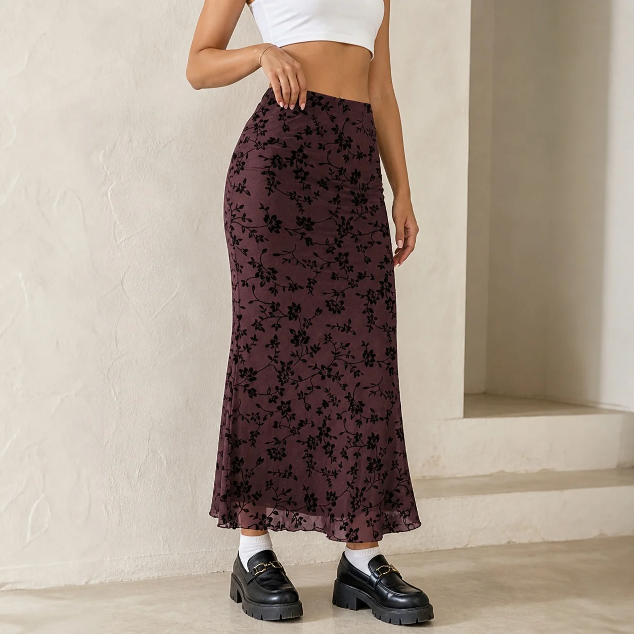 Women's Y2K Long Mermaid High Waist Lace Mesh Floral Flock Midi Skirt for Women Party Night Out Wear with Slit Detail and