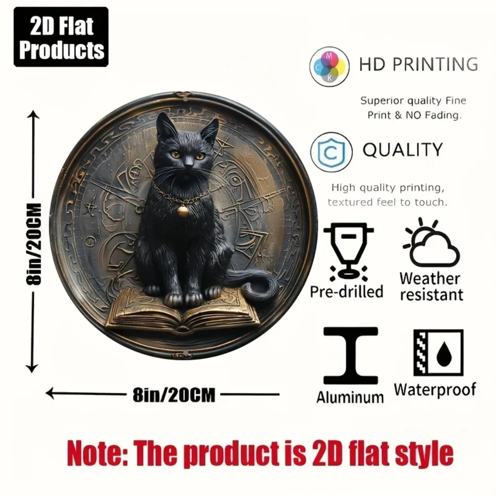 1 قطعة 8x8 "2D شقة خمر القط الأسود وكتاب الألومنيوم الفن-علامة زخرفية مستديرة ، تصميم زودياك غامض للبار ، هدية العيد