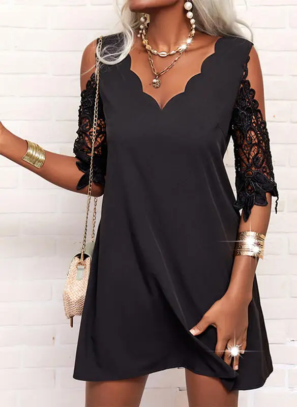 Frauen Spitze Spleißen Halbarm Langes Kleid Quadrat Kragen Solide Langes Kleid Sommer Spitze-up Hohl Jacquard Big Hem falten Kleider – Detail 2