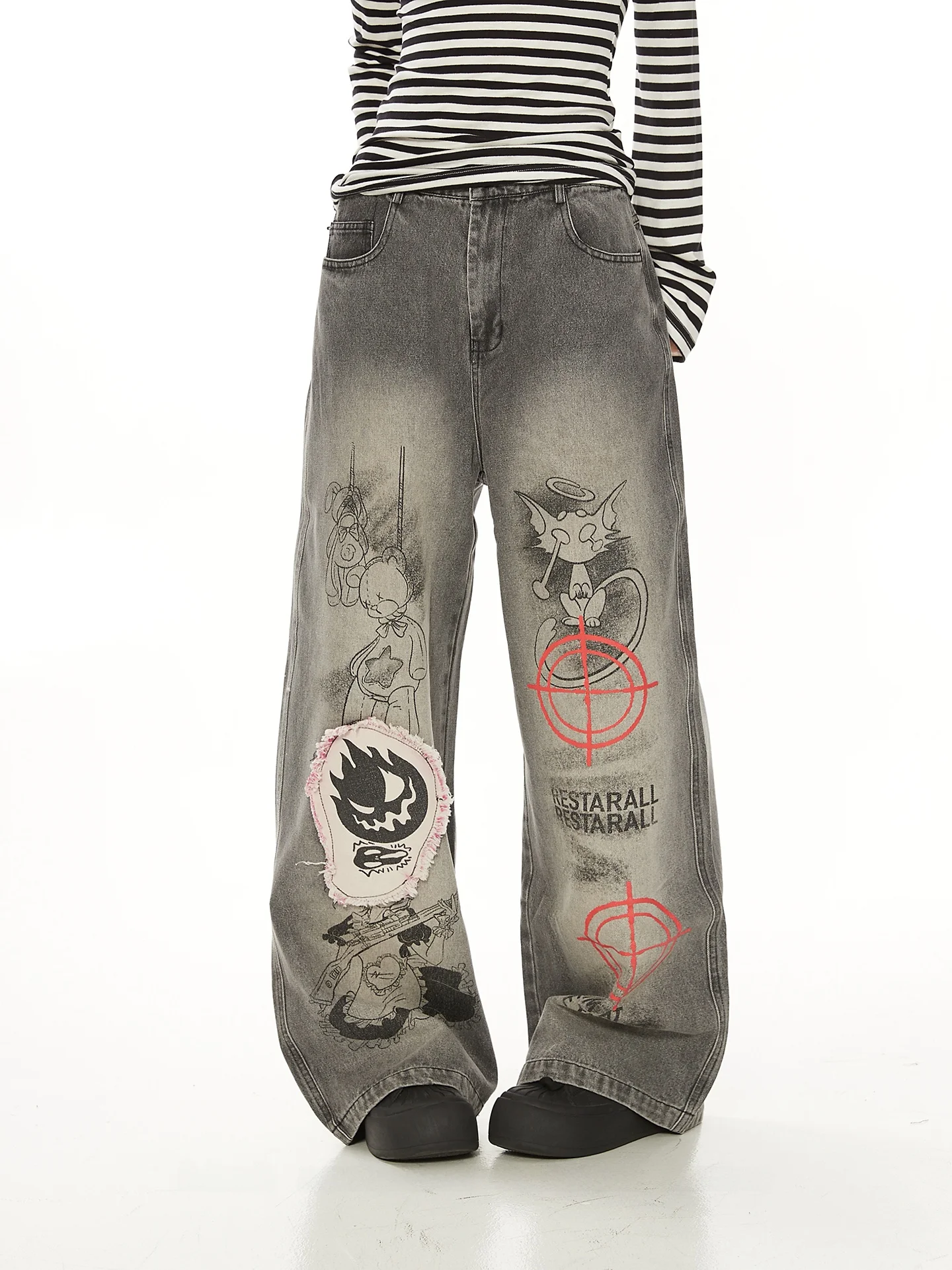 

Женские джинсы прямого кроя с широкими штанинами, с мультяшным принтом, в стиле пэчворк, из плотного денима, весна-осень, с высокой талией, хлопок