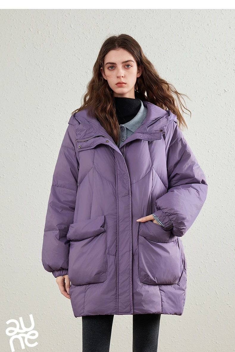 TOYOUTH Womens Down Jacket 2026 Winter New 90 White Duck Down Purple Hooded Large Pocket Warm Long Outerwear