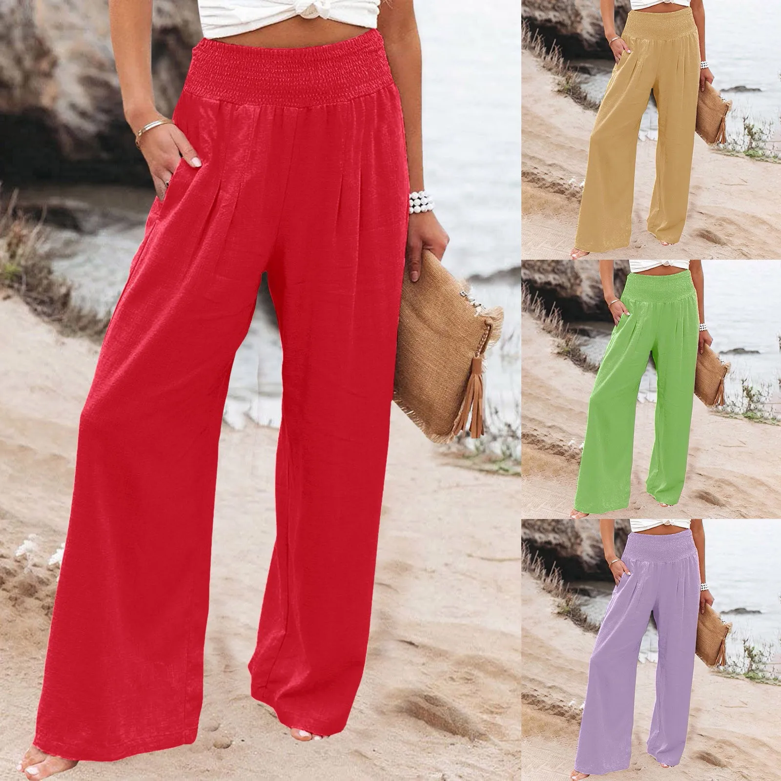 

High Waist Wide Leg Palazzo Pants For Women Smocked Elastic Yoga Pant Straight Leg Leather Pants Pants Suit for Women Casual