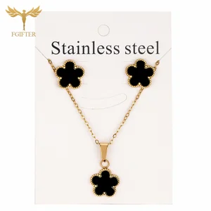 Black flower jewelry set for women, gold stainless steel, earrings, pendant, necklace, chain, brand, jewelry accessories, fashion 12 Main Sales Black Set - №10