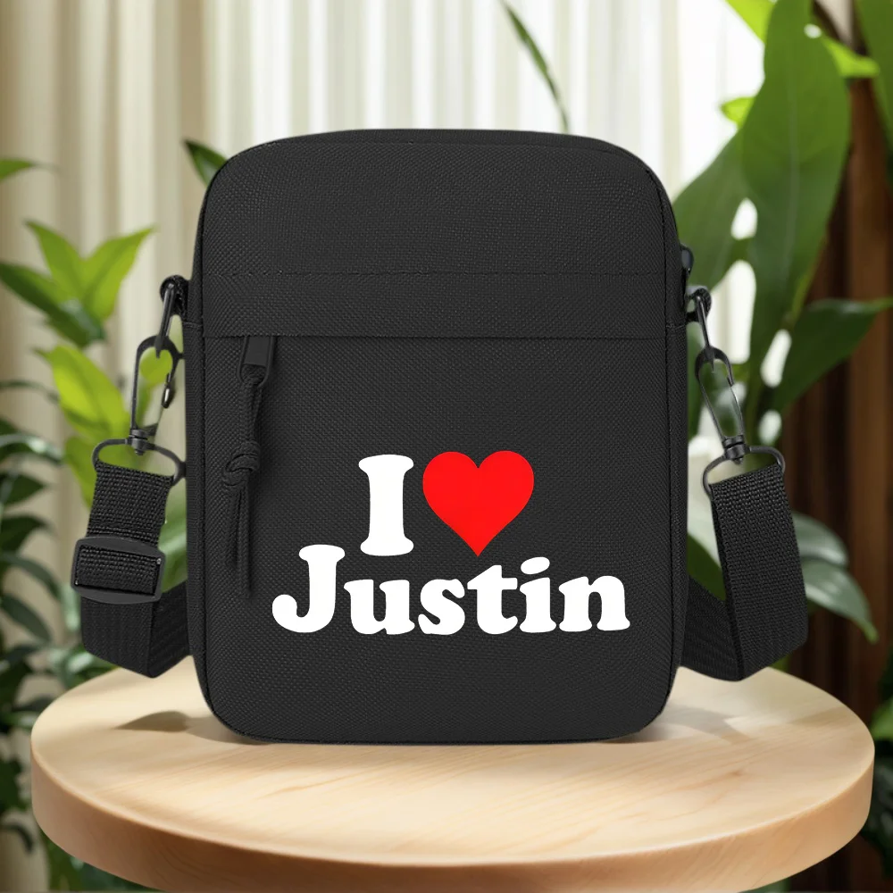 Love heart and name Justin Men Crossbody Bag Single Shoulder Women Cartoon Anime Film Printing Design Unisex