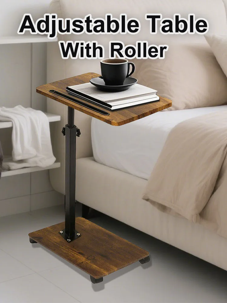 Roller Movable Wood Table With Groove For Ipad Family Computer Book Coffee Desk Height Adjust 360 Rotatable Desktop Beside Sofa