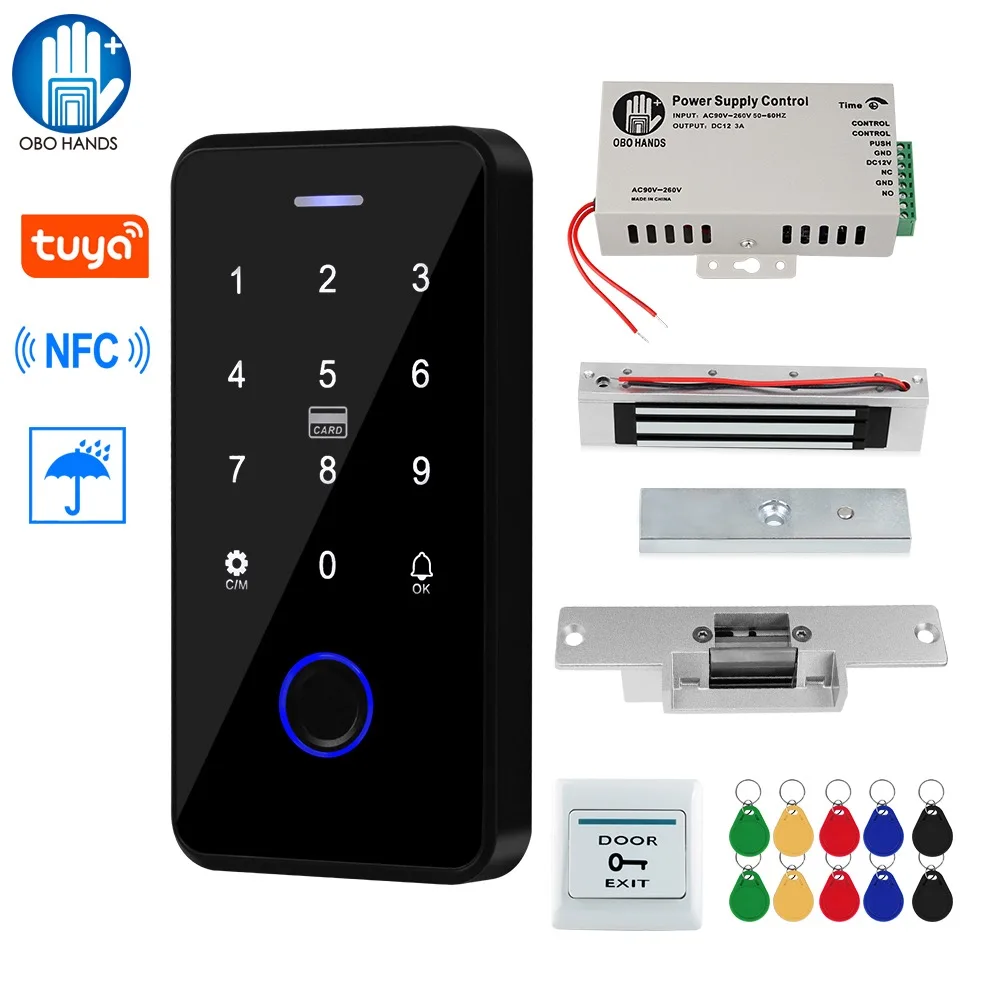 NFC Bluetooth Tuya APP Fingerprint Access Control System Waterproof RFID Keypad 13.56MHz with Magnetic Door Lock Switch Full Set