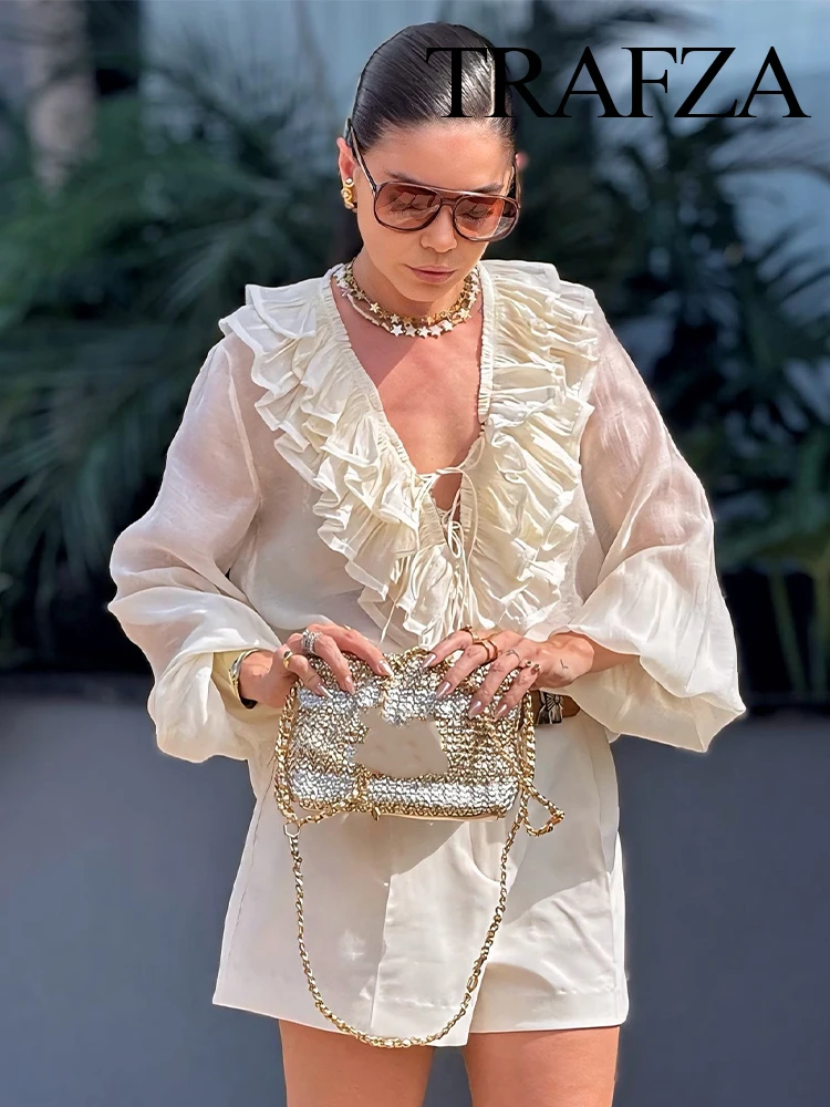 TRAFZA Women Elegant Casual Shirts Solid V-Neck Lantern Long Sleeves Tierred Decorate Lace-Up Top Female Fashion Blouses Shirts