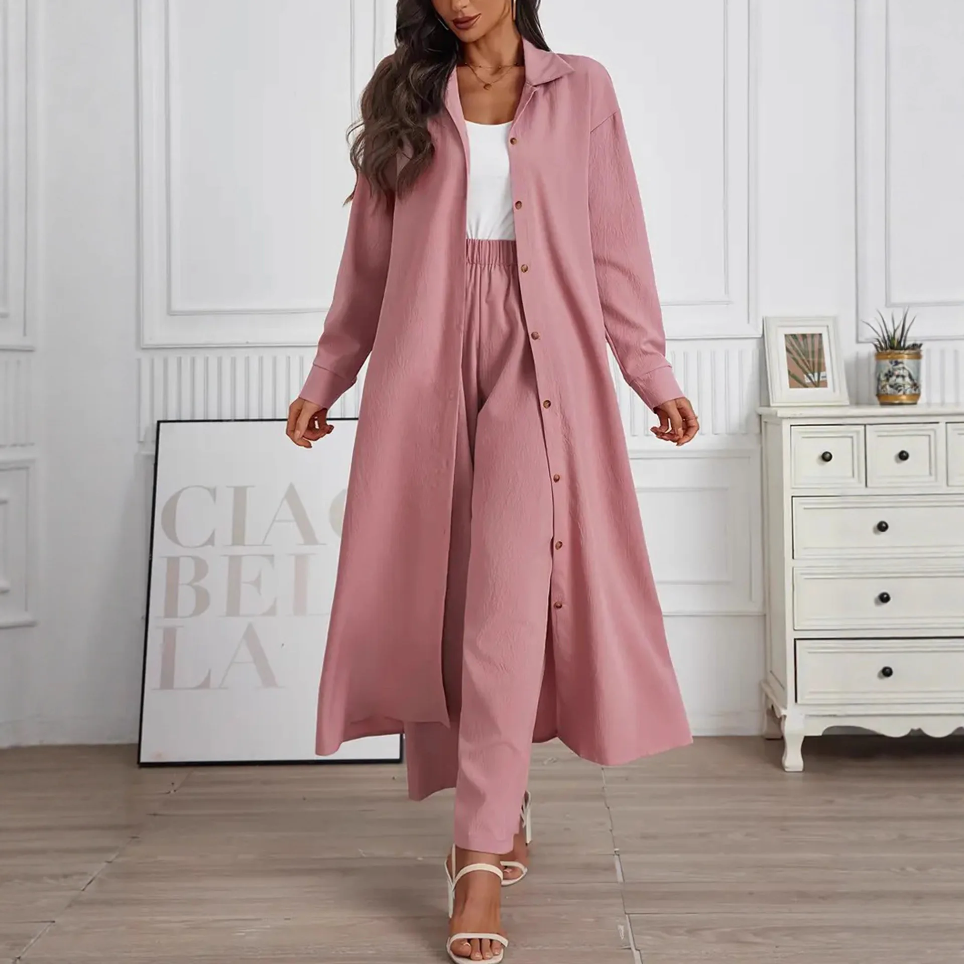 

Eid 2 Piece Set Women Straight Pants Cardigan Robe Suit Morocco Dubai Islam Long Coat Trousers Ensemble Muslim Arabic Outfits