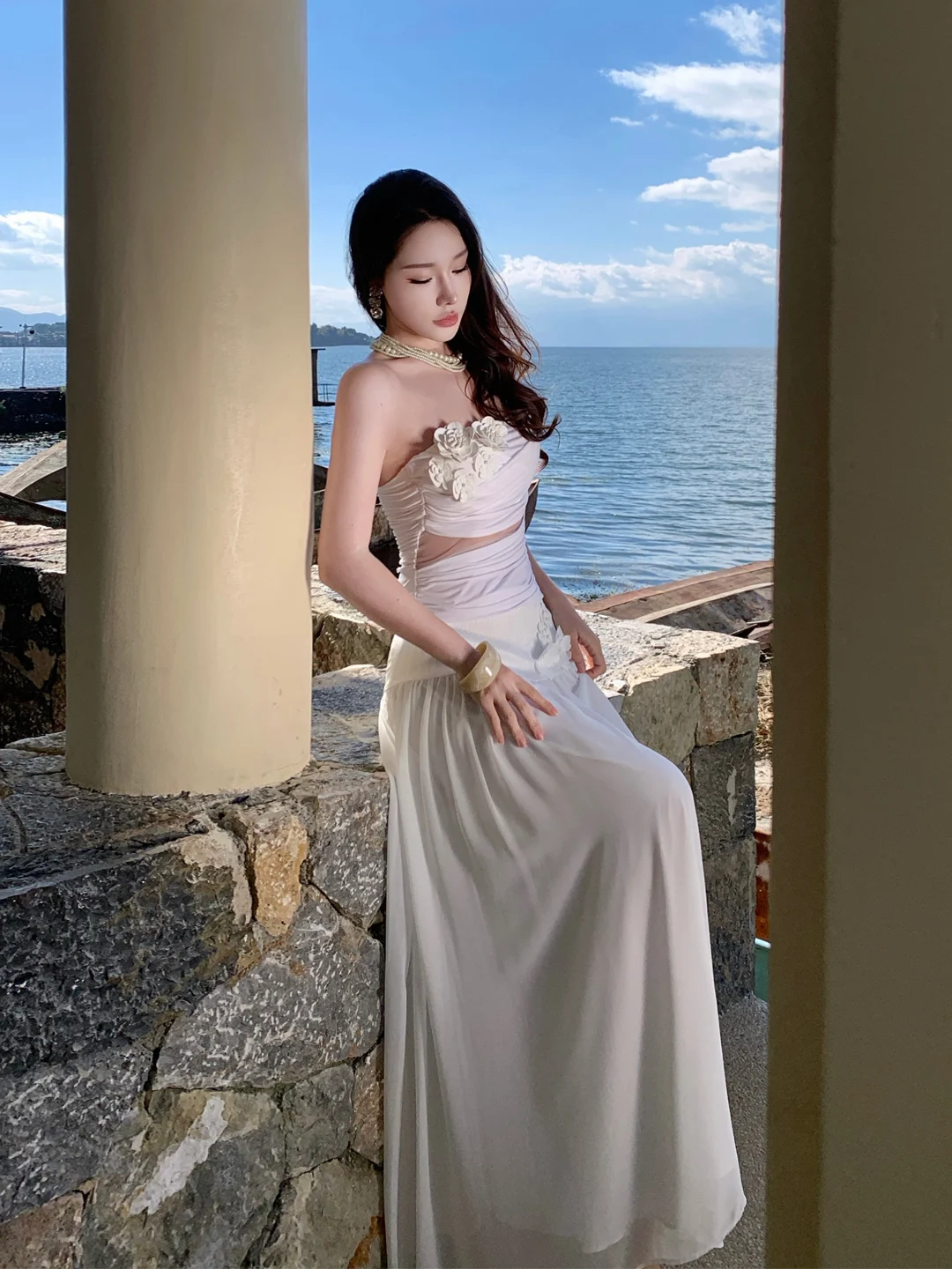 Top de tubo de punto Floral blanco y falda de satén hasta f, conjunto de dos piezas, ropa de mujer Vaion Sle de playa con estampado Floral