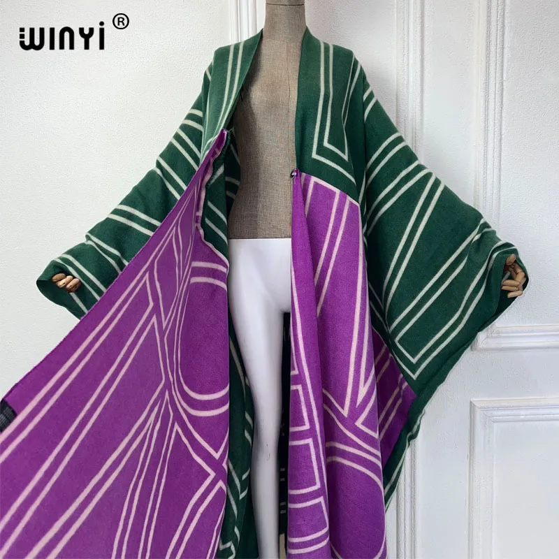 2024Middle East WINYI Winter Women Fashion print Cardigan coat Loose dress robe longue Thick Warm Female free size Jacket kaftan