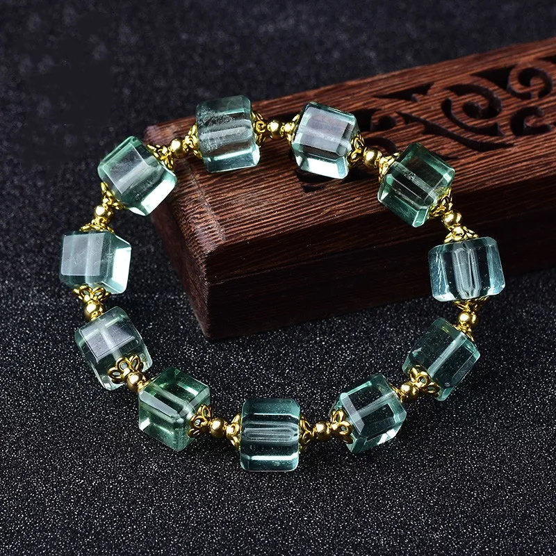 Natural Green Fluorite Crystal Clear Cube Beads Bracelet 10x10mm Crystal Apple Green Fluorite Women Men AAAAA