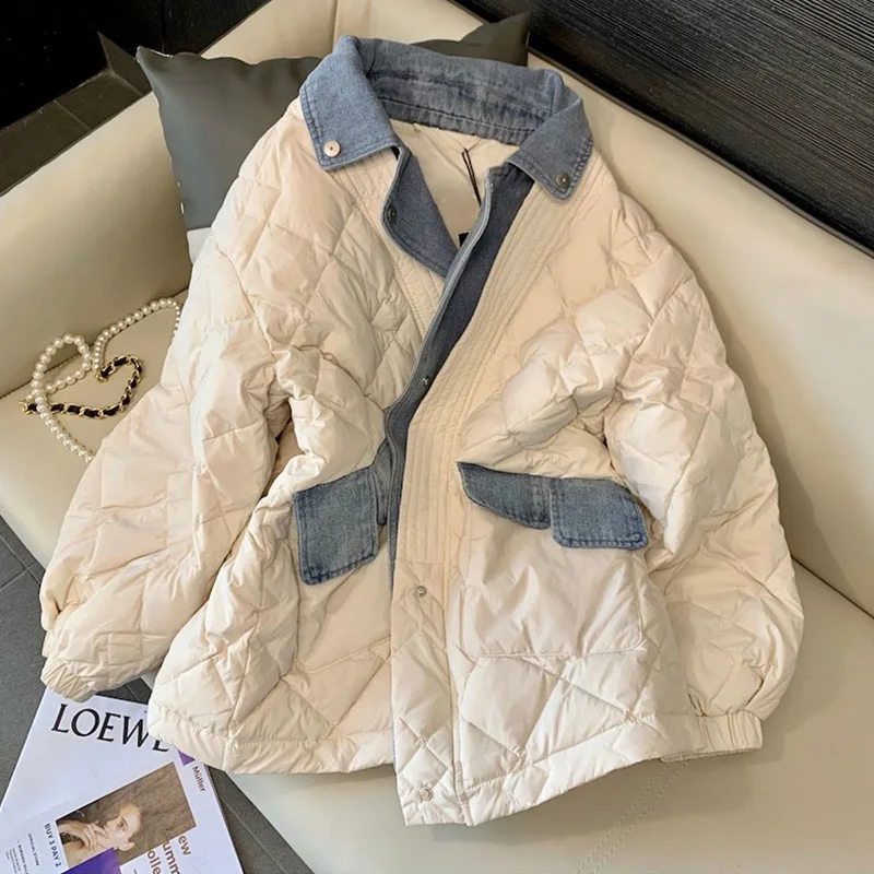 

Women Denim Stitching Down Jacket 2024 Fashion Patchwork Loose Oversize Warm Puffer Coats Female Fake Two Rhombus Winter Coat