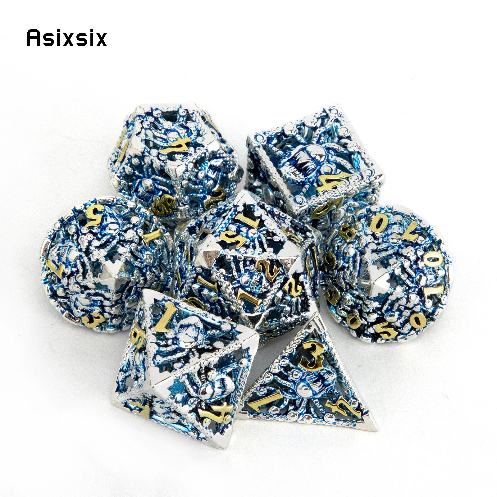 

7 Pcs Silver Blue Octopus Metal Dice Hollow Metal Polyhedral Dice Set Suitable for Role-Playing RPG Board Game Card Game