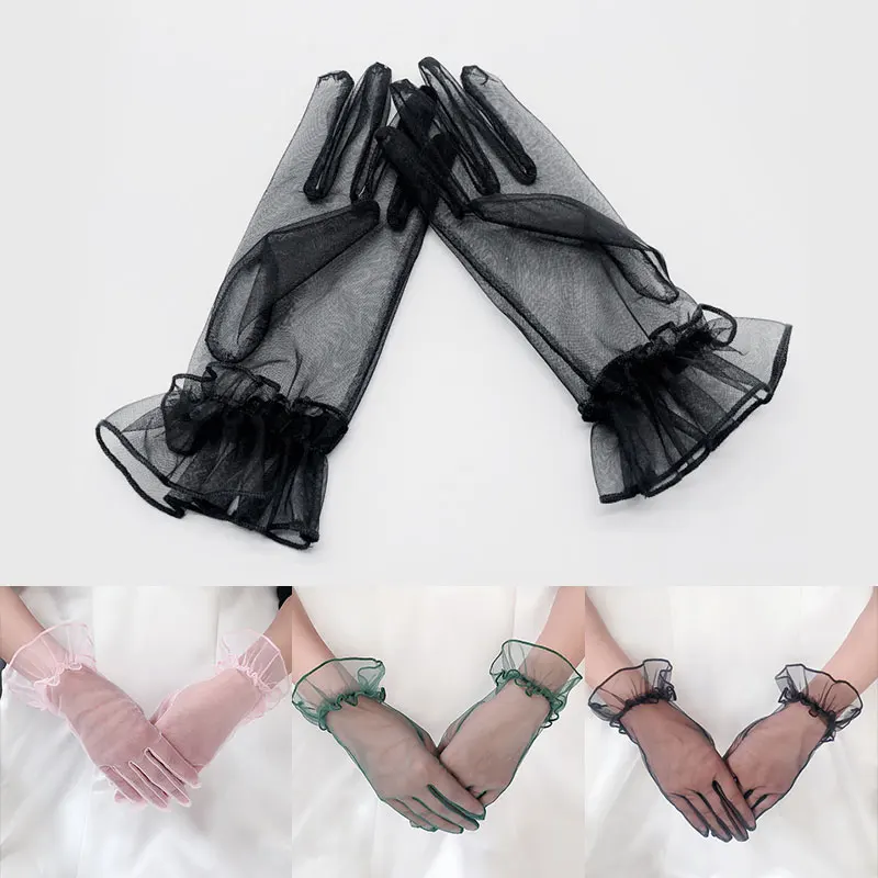 Fashion Mesh Transparent Full Finger Gloves Ultra Thin Short Women Wedding Bride Mittens Dance Performance Party Accessory