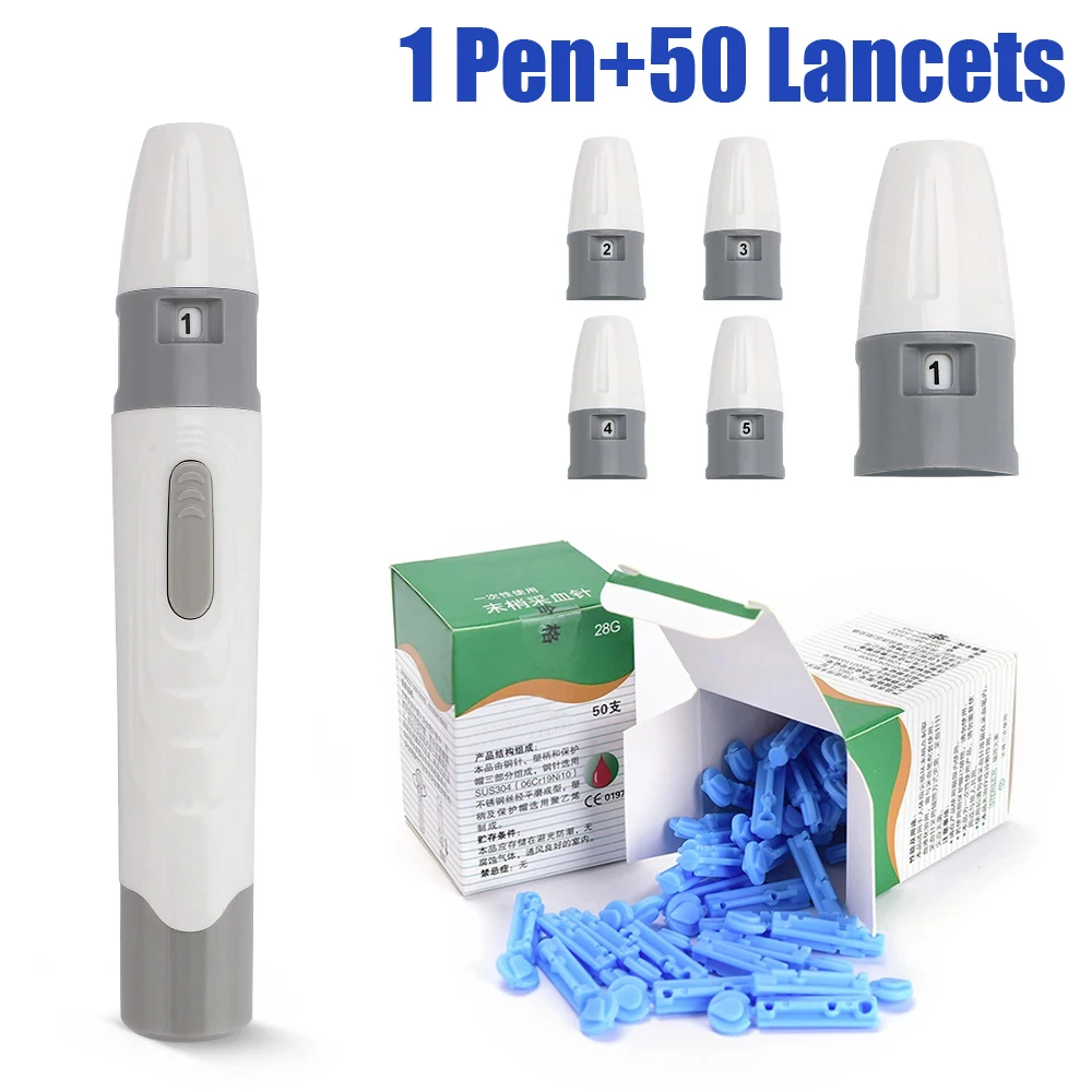 Lancet Pen Adjustable Depth Blood Sampling Glucose Test Pen Lancing Device for Diabetics Blood Collect 50pcs