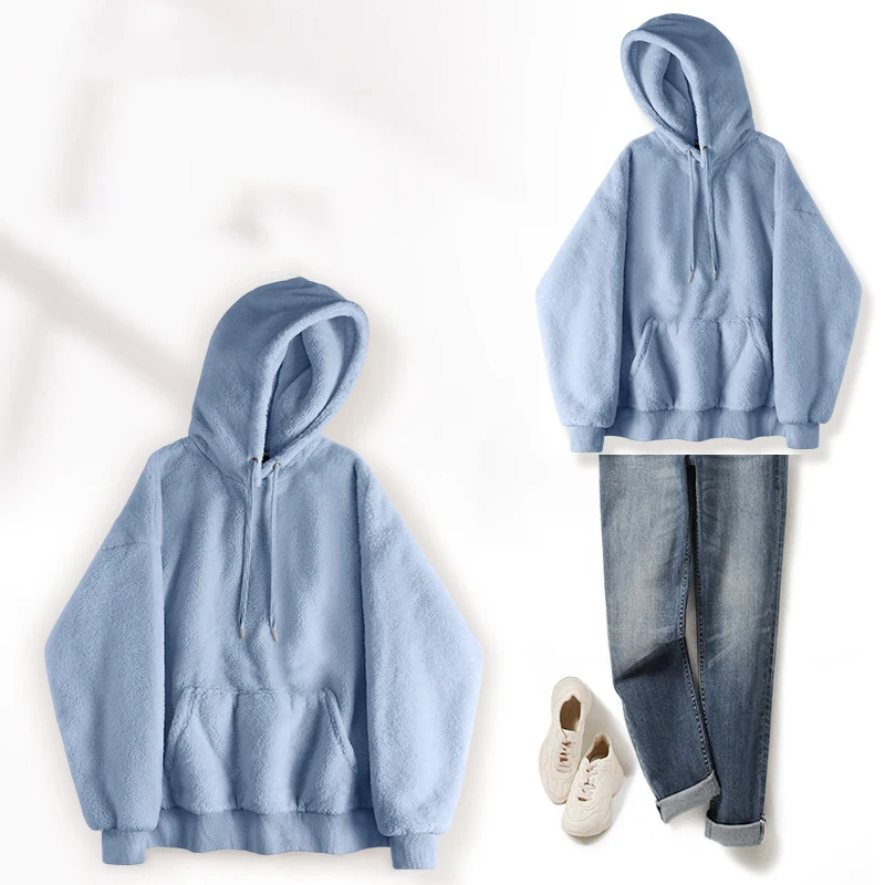 

2023 Women's Fleece Hooded Hoodies Fall Winter Korean Style Casual All-Matched Pullovers Fashion Loose Lambswool Sweatshirts