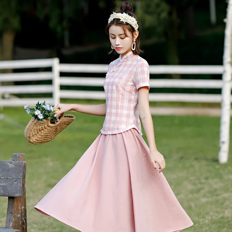 Faionable Retro Cotton  Set Girl's Improved Hanfu Dr Two-Piece Suit Summer 2025 New Arrival Ladies' Clothing