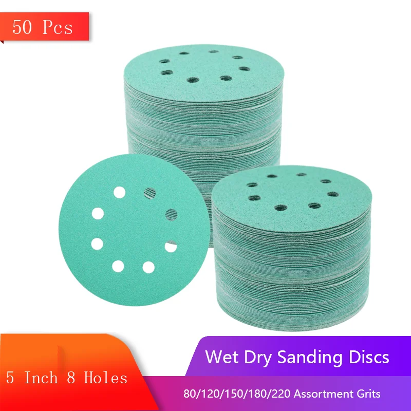 

5Inch 8Holes Wet Dry Sanding Discs Hook and Loop Sandpaper Assorted 80/120/150/180/220 Grit for Automotive Wood Metal Polishing