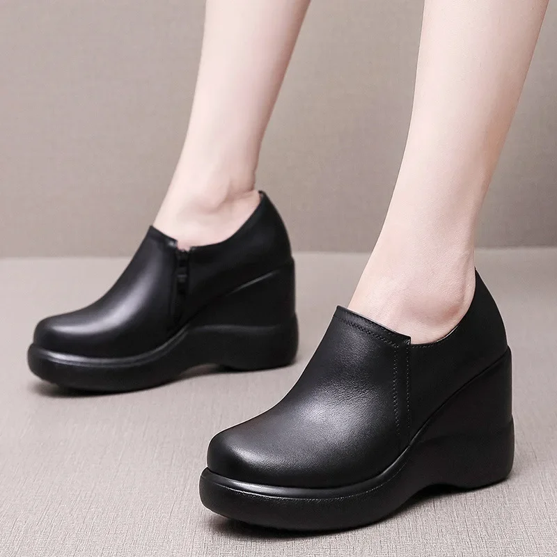 8cm Small Size 32-43 Comfortable Genuine Leather Shoes Platform Pumps 2024 Deep Mouth High Heels Wedges Shoes for Office Model