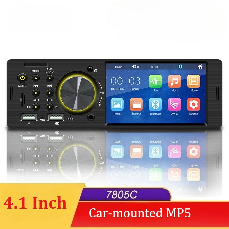 

Автомобильный MP5-плеер 1 Din с 4,1-дюймовым сенсорным IPS-экраном, поддержкой TF, USB, AUX, двумя USB-портами, Bluetooth, цветной подсветкой кнопок, FM-радио, видеовыходом и функцией автомобильной стереосистемы.
