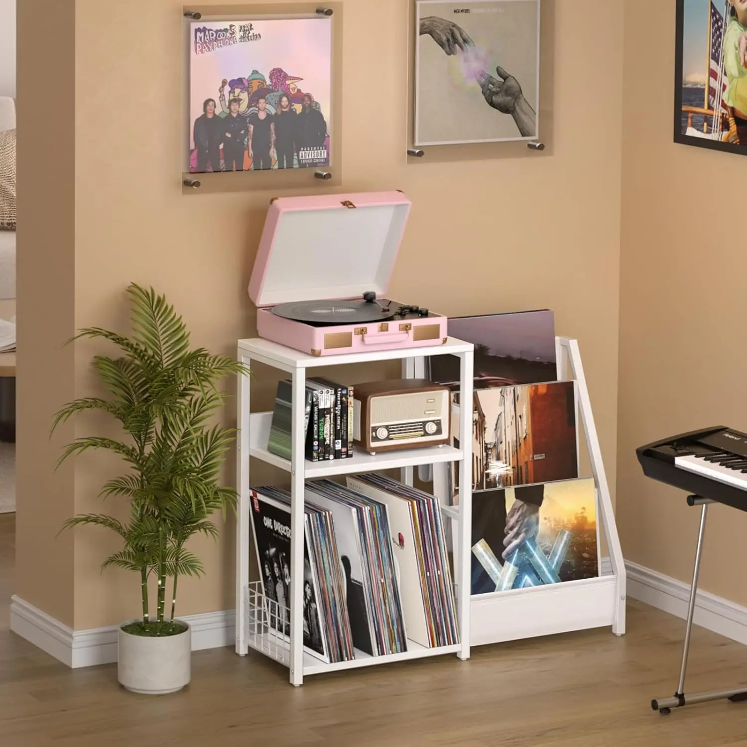 Armoire de rangement pour disques vinyles à 3 niveaux avec support de plateau tournant, table d'appoint blanche pour albums et magazines