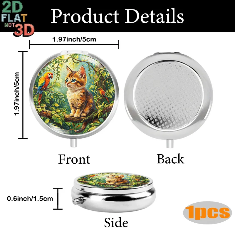 Mini Pill Box Featuring a Vivid Natural Scene of a Kitten and Parrot Coexisting, Creating a Jungle Vibe, Suitable for Decorating Jewelry, Earrings, and as a Multifunctional Metal Box   Gifts for Mother's Day, Weddings, Graduation Season, Independence Day, and Other Holidays