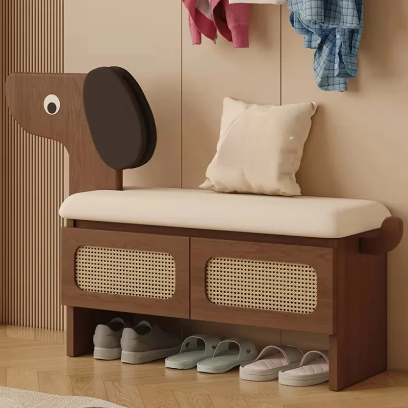 Solid wood puppy changing stool rattan leaf shoe cabinet with entrance door integrated ottoman