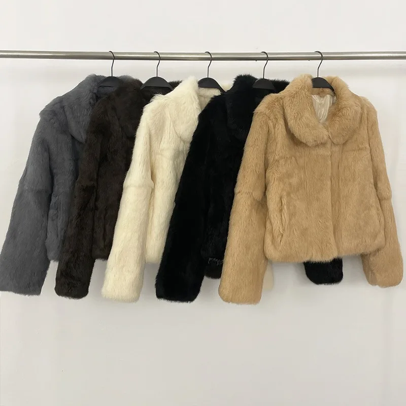 

2026 уличная шуба из кроличьего меха, женские короткие куртки, осенне-зимнее двустороннее меховое пальто, мягкая меховая верхняя одежда с отложным воротником