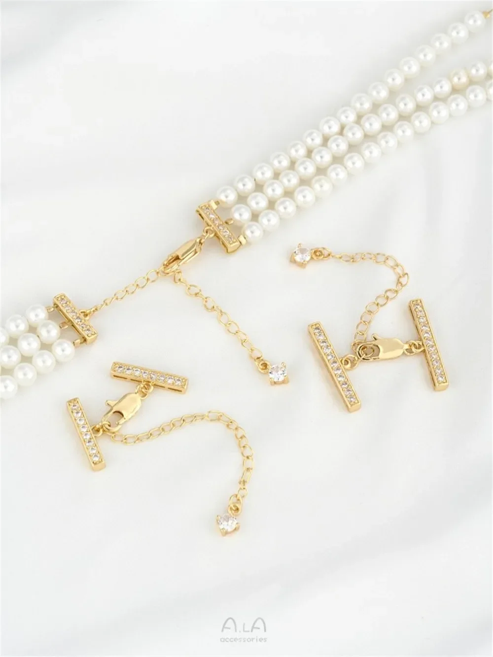 14K Gold-clad Zircon Double-row Three-row Pearl Buckle Bracelet Necklace Multi-row Buckle Tail Chain Diy Handmade Jewelry Buckle