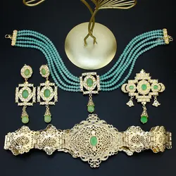 Sunspicems Morocco Caftan Waist Belt Bead Choker Necklace Square Earring Brooch Arabic Gold Color Bride Jewelry Set For Women