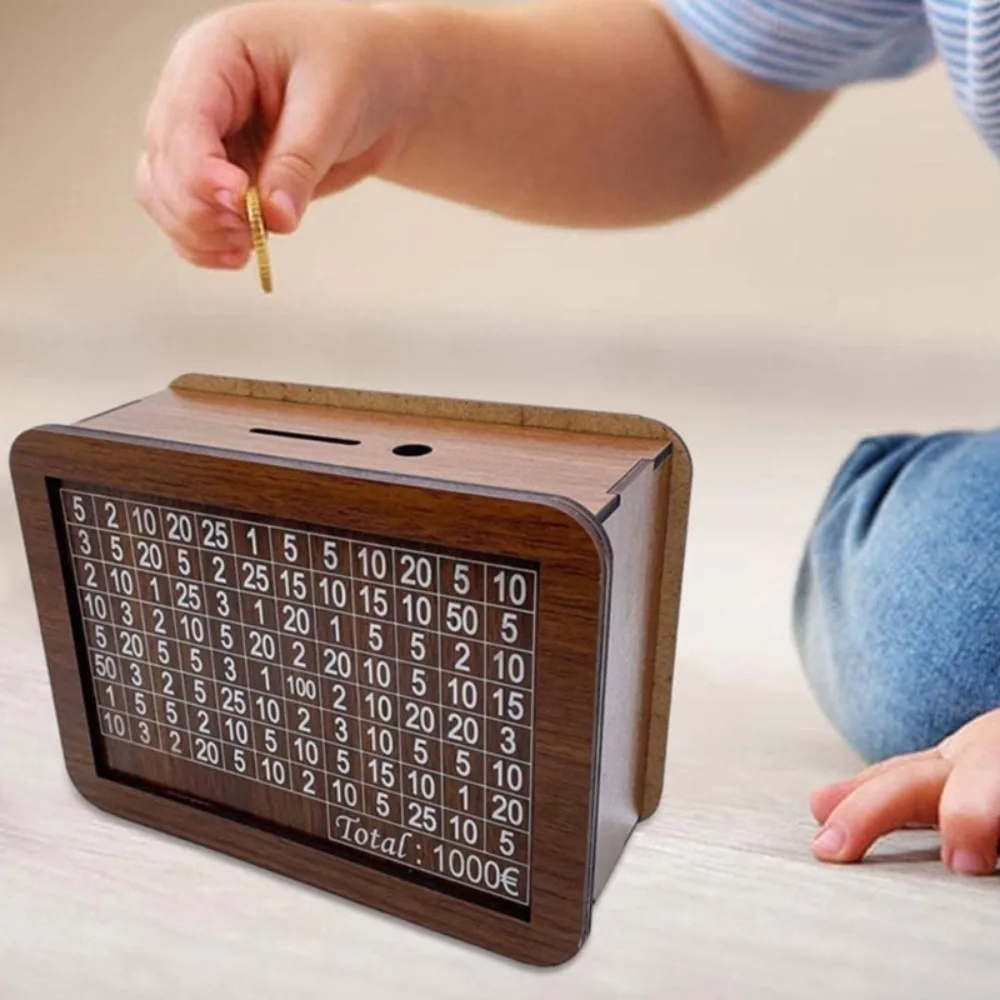 صندوق نقود خشبي قابل لإعادة الاستخدام مصنوع يدويًا صندوق توفير المال مع أهداف توفير المال عداد صينية العملات المعدنية حقيبة للتخزين هدايا الأطفال