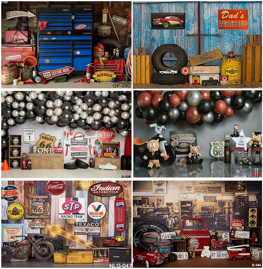 

Backdrops Retro Car Repairs Warehouse Garage Tool Workshop Photographic Balloon Kids Birthday Decor Backgrounds Photozone Props