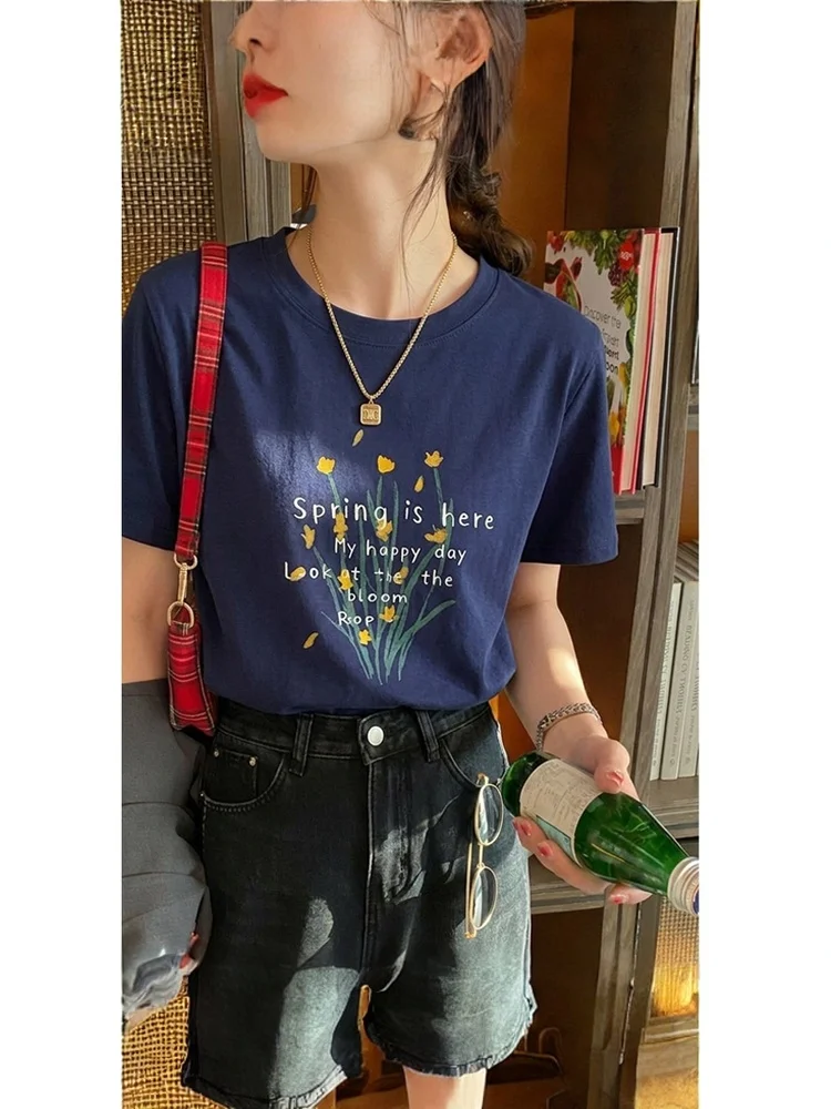 Spring Atmosphere round Neck Short Sleeve T-Shirt Floral Grey Letter Print Lazy Slimming Casual Cotton Women's Top