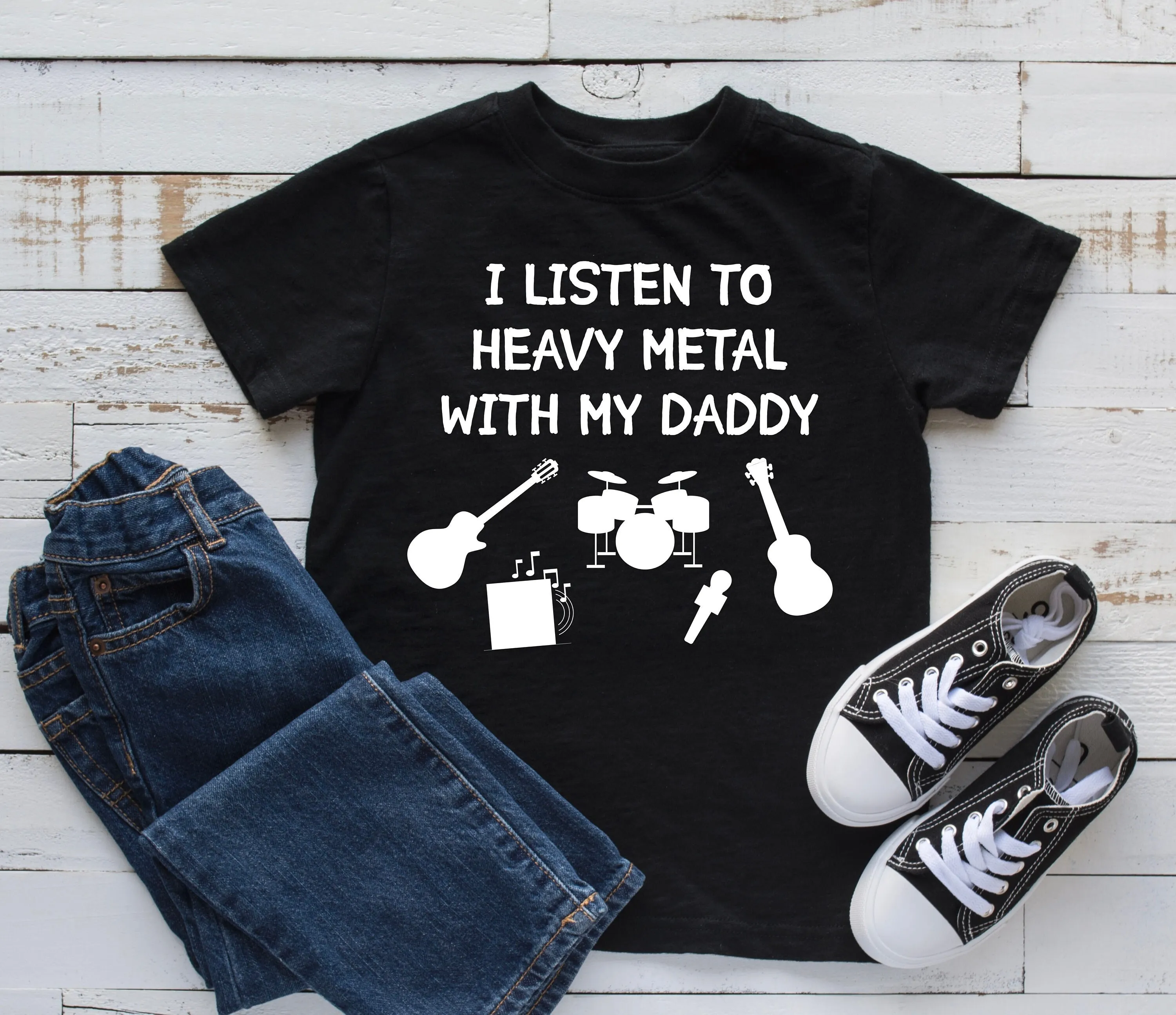 I Listen To Heavy Metal With My Daddy Toddler T Shirt Daddys Mommys Dad Little Metalhead Youth Rock N Roll Cute