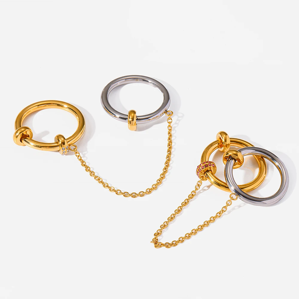 18K Gold Plated Pavé Chain Multi-Layer Ring Stainless Steel Color Block Stackable Band Fade-Resistant Dainty Jewelry Wholesale
