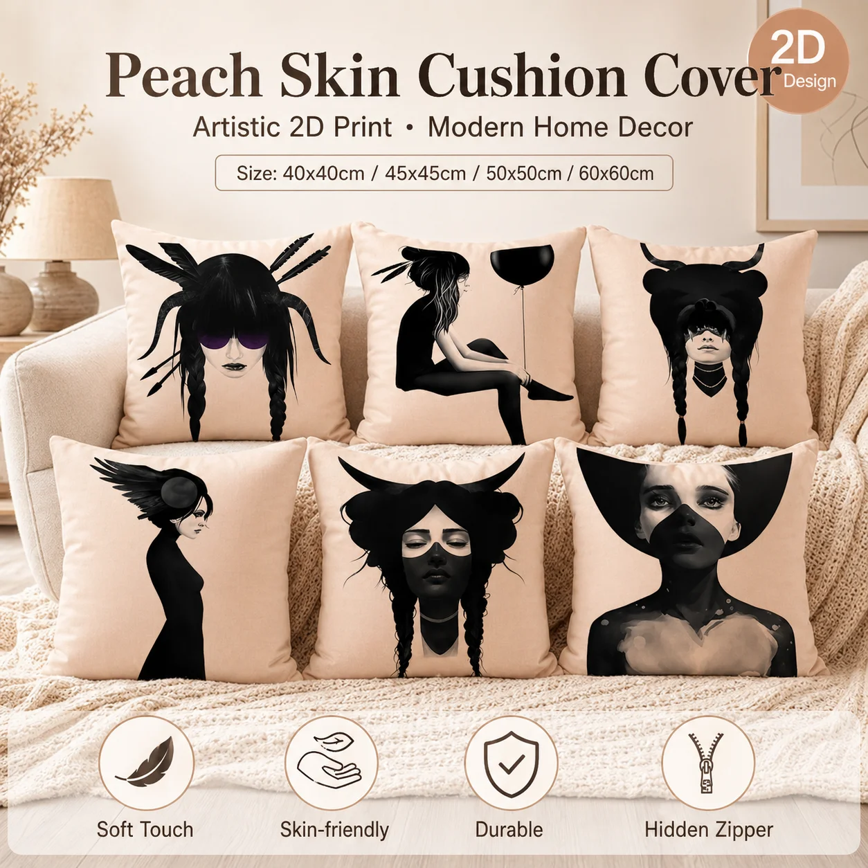 

2D Flat Printed Abstract Girl Cushion Cover Peach Skin Gothic Portrait Pillowcase For Sofa Living Room Modern Home Decor Pillow