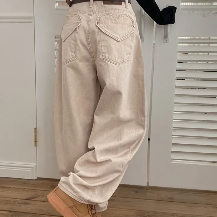 

High Waist Loose Fit Denim Long Pants Women's Summer New Sle Vintage Personali Love Heart ket Casual Jeans