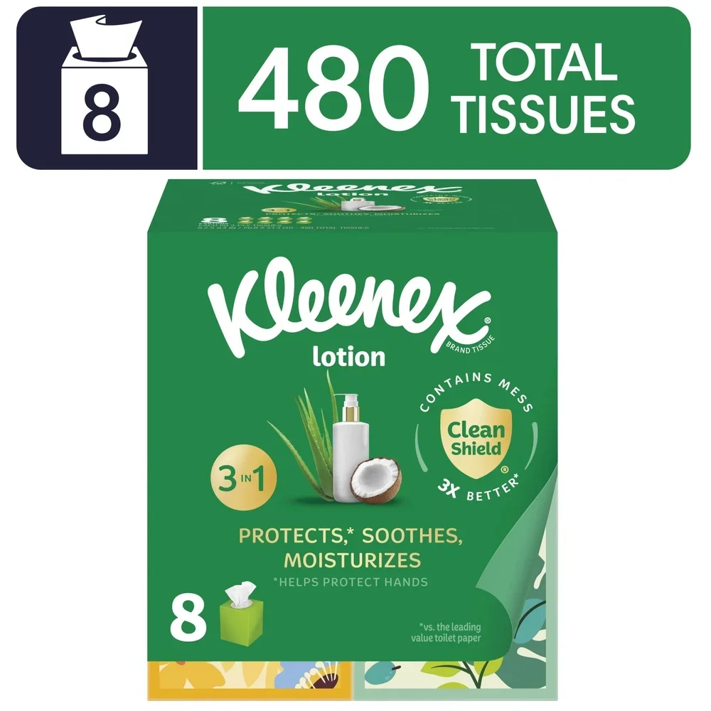 Chusteczki nawilżające do twarzy 3-warstwowe z olejkiem kokosowym i aloesem, 8 kostek po 60 chusteczek, nawilżające, łagodzące skórę, technologia Clean Shield.