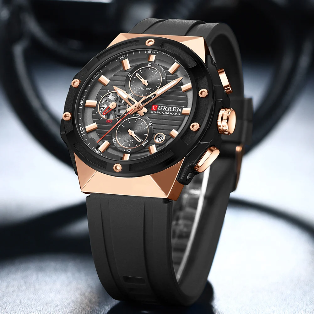 Curren Mode Mannen Horloges Topmerk Luxe Siliconen Sporthorloge Heren Quartz Dadelklok Waterdicht Polshorloge Chronograaf Klok