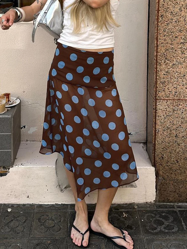 

American Dot Mesh Long Skirt Women Vintage High Waist Streetwear Irregular Skirts Summer Slim Retro Female See Through Skirt New