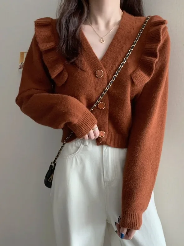 

Faionable ort V-Ne Knitted Cardigan Women's Sweater Spring Autumn Winter Straight Cut Long Sve Single Button Closure