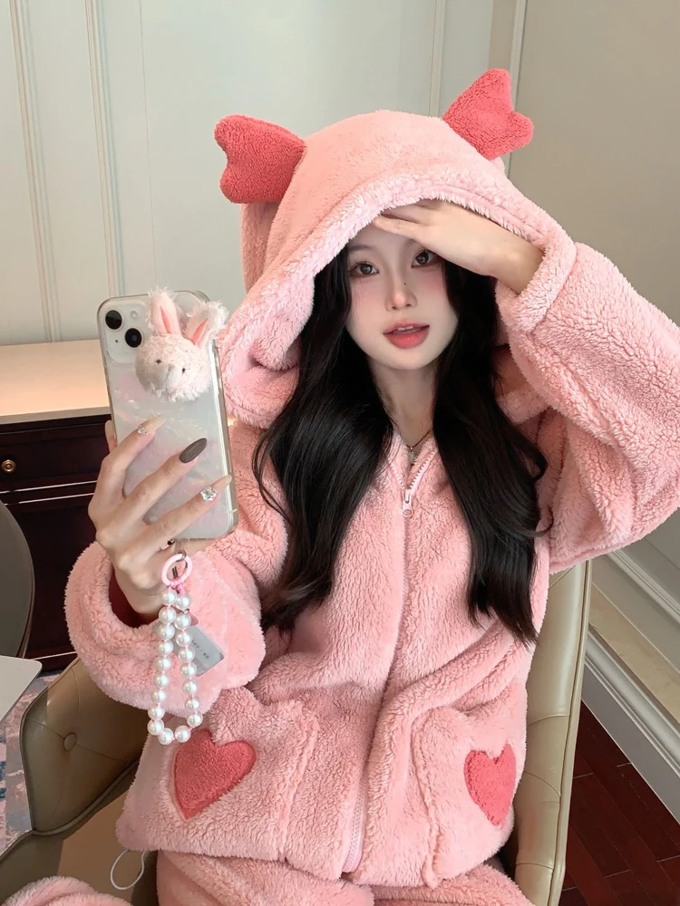 Winter Sleepwear Coral Fleece Thickening Warm Kawaii Rabbit Ear Hooded Pajama Sets Suit Sweety Pink 2 Piece Night Home Clothes