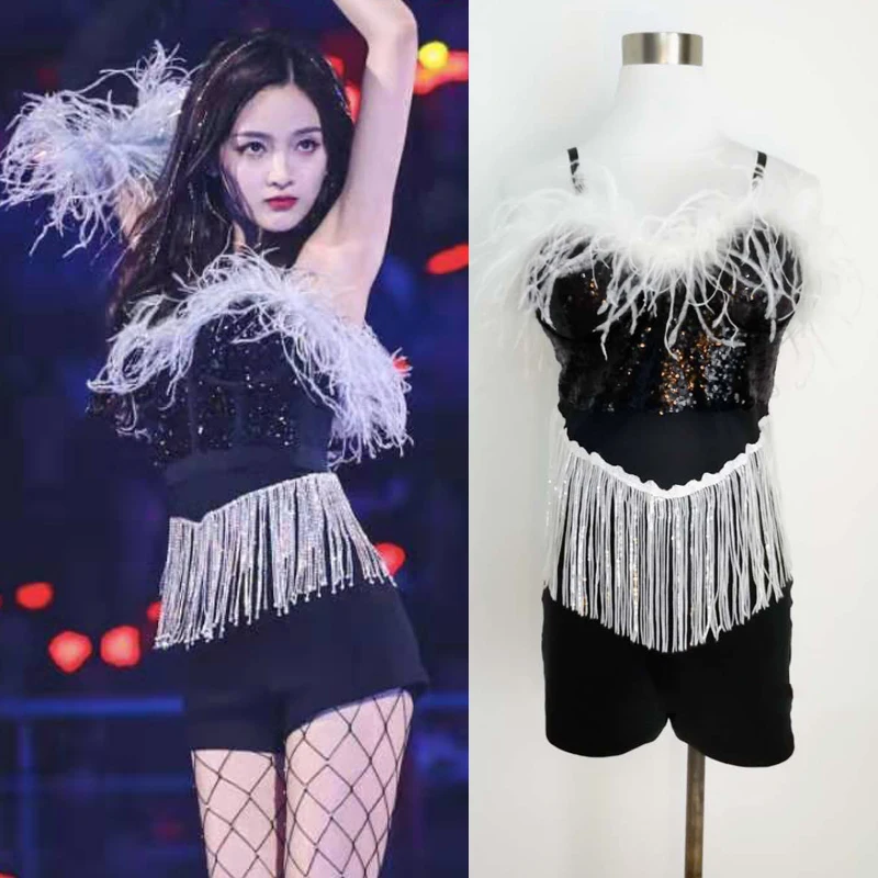 

Black Sequins Jazz Dance Costumes Women Group Kpop Outfit Fringed Top Shorts Hip Hop Clothes Stage Performance Clothing XS5613