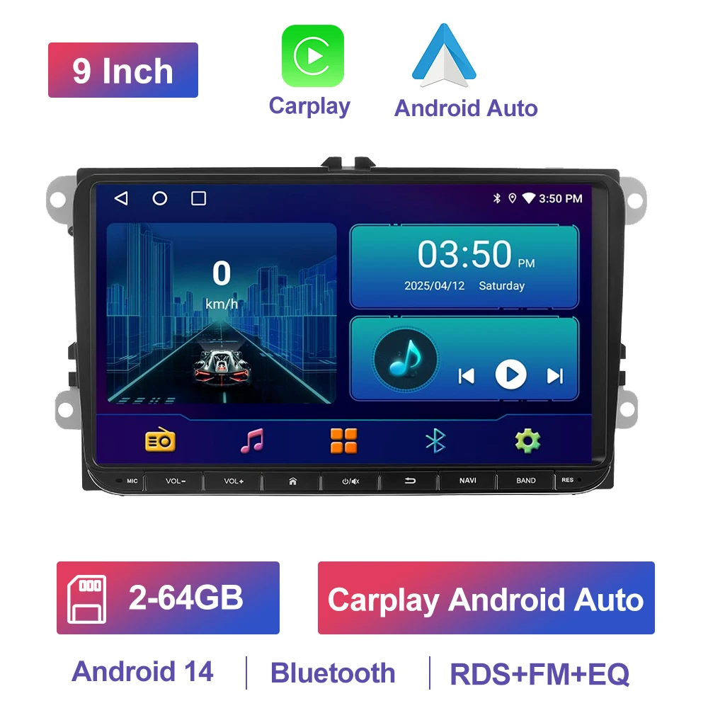 GEARELEC 9" Autoradio voor VW Golf Passat B6 B7 Skoda's Octavia Polo Tiguan 2 Din draadloos Android 13 CarPlay Android RDS Auto DSP BT 4G GPS Auto Multimediaspeler voor Volkswagen