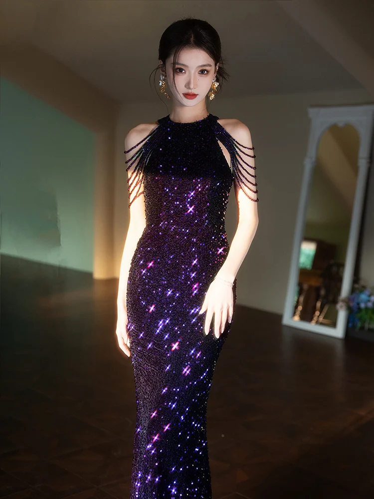 

Ele Purple Evening Gown Women's High-End Tailored Fi Tail Skirt for Important Ocns Beautiful Glittering Mid-Waist