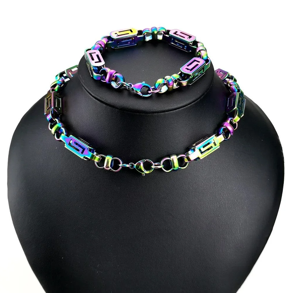 

Rainbow Iridescent Stainless Steel 8.5mm Width Man's Woman's Necklace Bracelet Chain Jewelry