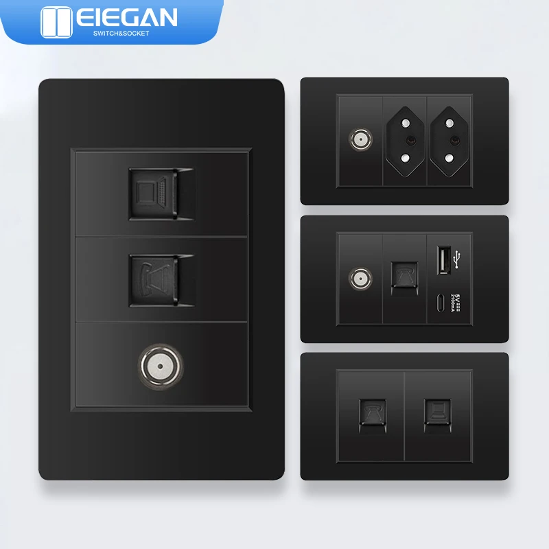 

ELEGAN Black PC Panel Series 118*74mm Wall Computer Phone Combination Standard Universal Socket With 2.1A USB Type C Switch Home