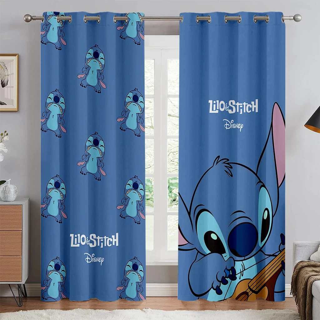 2pcs New Blue Stitch Cartoon Curtains Rod Pocket Anime Curtains for Kids Boy Girls Home Decoration Bedroom Kitchen Living Room