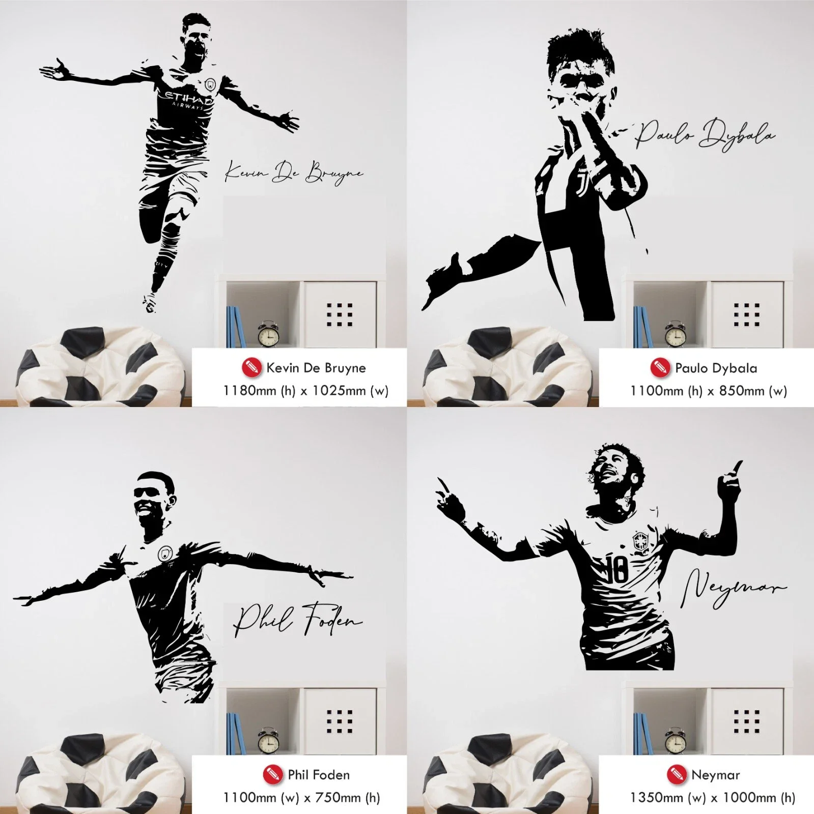 Kevin  Bruyne Paulo Dybala Phil Foden Neymar  football soccer Player   self-adhesive  removable Wall Sticker Art  Decal    Decor